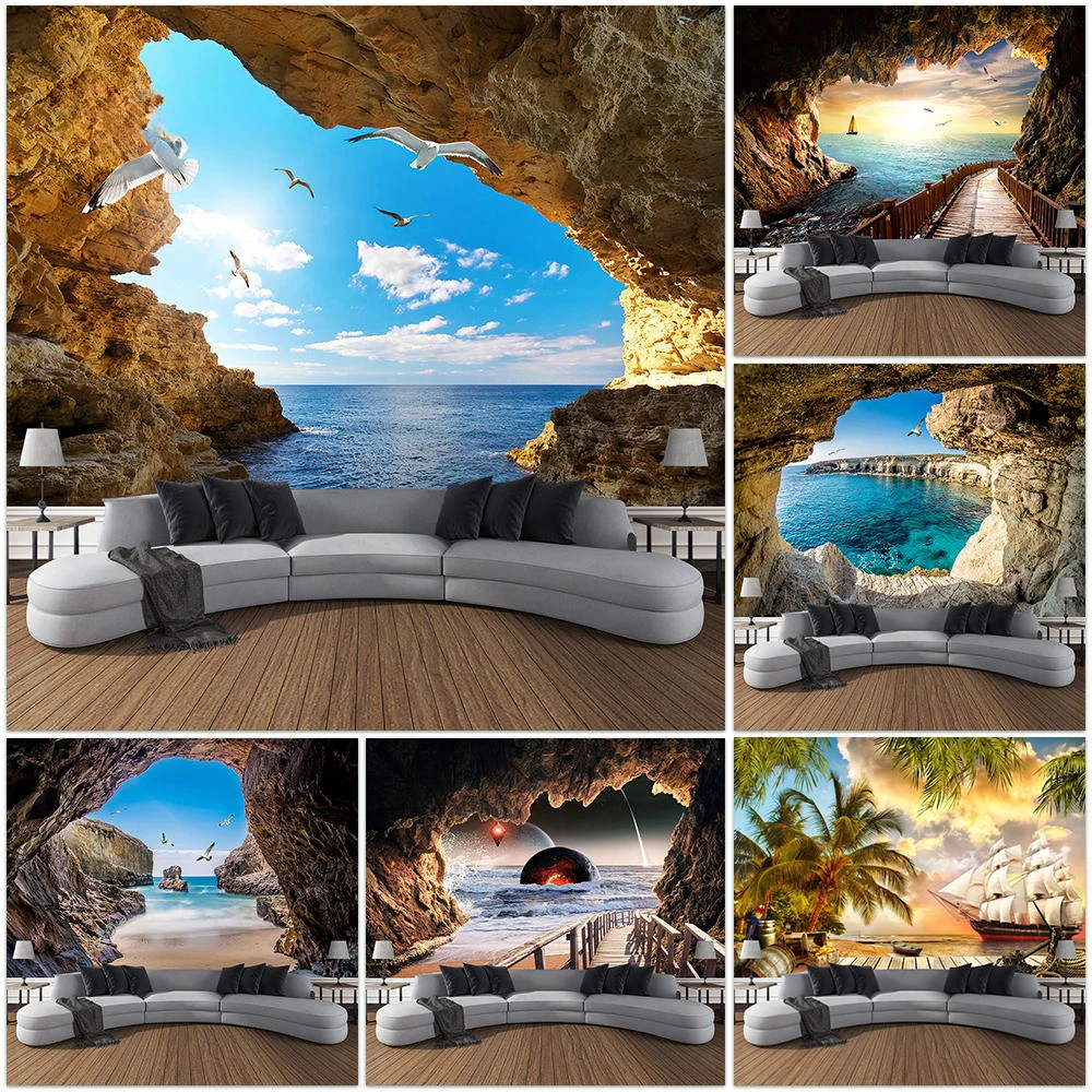 Home Gym Decor - Arazzo paesaggio grotta di montagna Uccelli